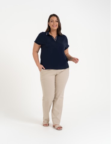 Bluzki z krótkim rękawem - Damska bluzka wiskozowa z dekoltem polo i krótkim rękawem GRANATOWY - produkt 1