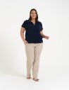 Damska bluzka wiskozowa z dekoltem polo i krótkim rękawem GRANATOWY