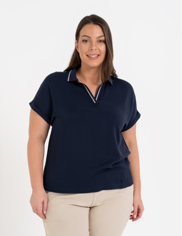 Bluzki z krótkim rękawem - Damska bluzka wiskozowa z dekoltem polo i krótkim rękawem GRANATOWY - produkt 2
