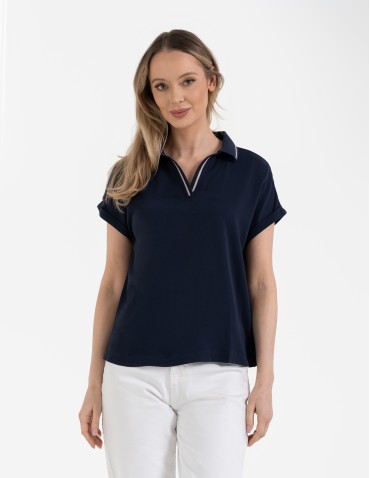 Damska bluzka wiskozowa z dekoltem polo i krótkim rękawem