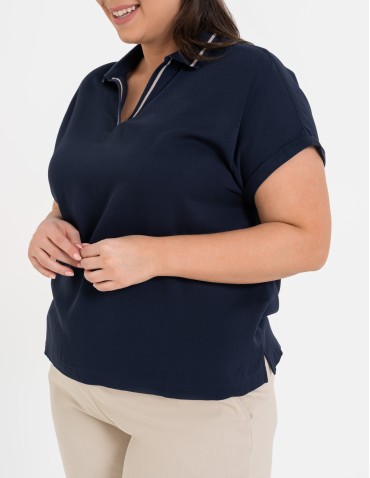 Bluzki z krótkim rękawem - Damska bluzka wiskozowa z dekoltem polo i krótkim rękawem GRANATOWY - produkt 3