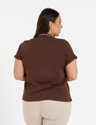 Bluzki z krótkim rękawem - Damska bluzka wiskozowa z dekoltem polo i krótkim rękawem BRĄZOWY - produkt 13