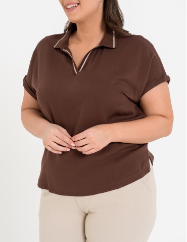 Bluzki z krótkim rękawem - Damska bluzka wiskozowa z dekoltem polo i krótkim rękawem BRĄZOWY - produkt 10