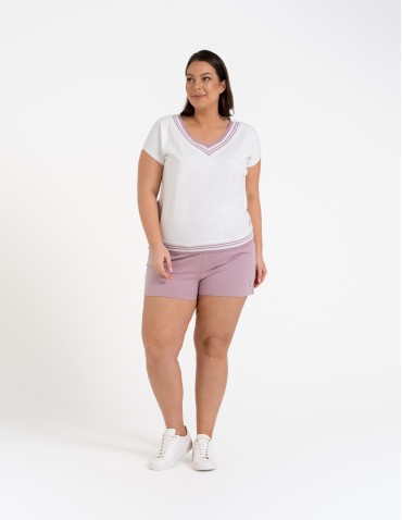 Bluzka damska bawełniana z krótkim rękawem i dekoltem V - RÓŻOWY  - produkt 2