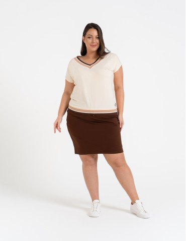 Bluzki i koszule - Bluzka damska bawełniana z krótkim rękawem i dekoltem V BRĄZOWY - produkt 1