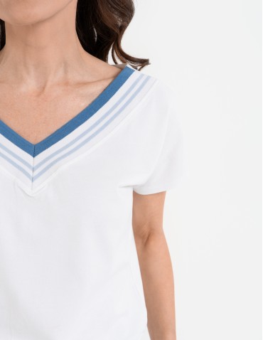 Bluzki i koszule - Bluzka damska bawełniana z krótkim rękawem i dekoltem V GRANATOWY - produkt 4