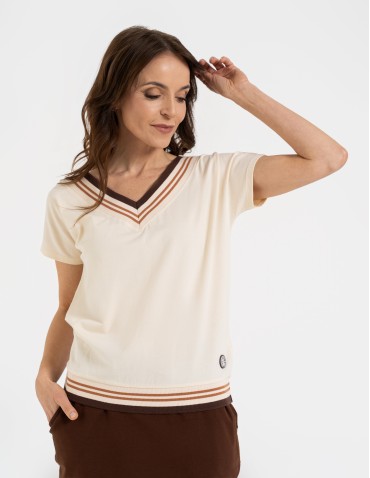 Bluzki i koszule - Bluzka damska bawełniana z krótkim rękawem i dekoltem V BRĄZOWY - produkt 4