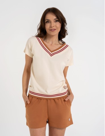 Bluzki i koszule - Bluzka damska bawełniana z krótkim rękawem i dekoltem V BEŻOWY - produkt 4