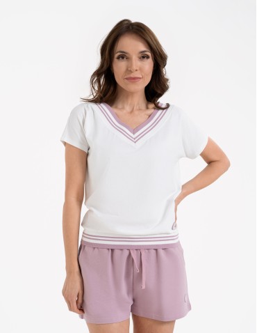 Bluzki i koszule - Bluzka damska bawełniana z krótkim rękawem i dekoltem V RÓŻOWY - produkt 3