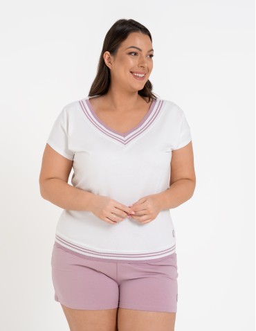Bluzki i koszule - Bluzka damska bawełniana z krótkim rękawem i dekoltem V RÓŻOWY - produkt 4