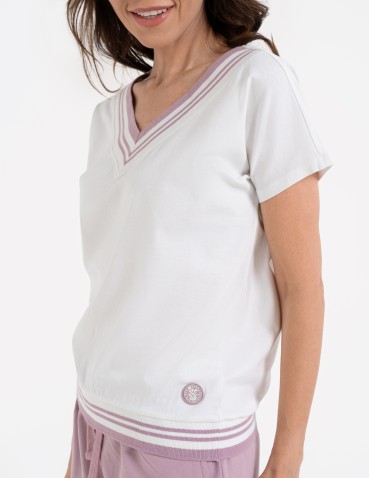 Bluzki i koszule - Bluzka damska bawełniana z krótkim rękawem i dekoltem V RÓŻOWY - produkt 7