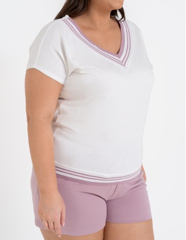 Bluzki i koszule - Bluzka damska bawełniana z krótkim rękawem i dekoltem V RÓŻOWY - produkt 9