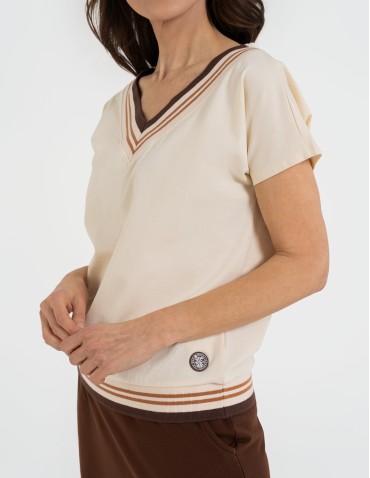 Bluzki i koszule - Bluzka damska bawełniana z krótkim rękawem i dekoltem V BRĄZOWY - produkt 9