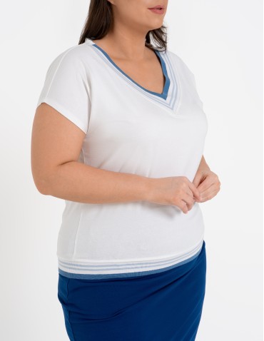 Bluzki i koszule - Bluzka damska bawełniana z krótkim rękawem i dekoltem V GRANATOWY - produkt 5