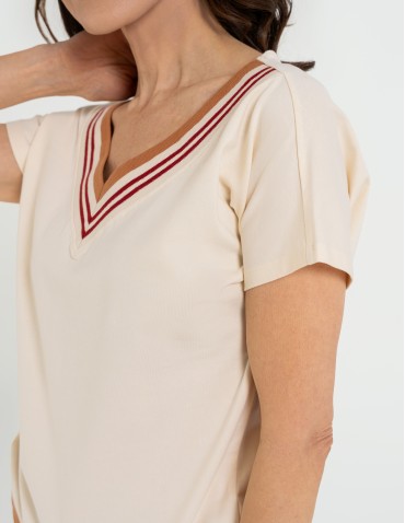 Bluzki i koszule - Bluzka damska bawełniana z krótkim rękawem i dekoltem V BEŻOWY - produkt 5