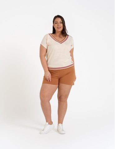 Bluzki i koszule - Bluzka damska bawełniana z krótkim rękawem i dekoltem V BEŻOWY - produkt 6