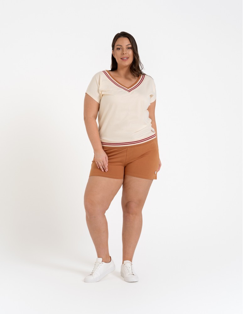 Bluzki i koszule - Bluzka damska bawełniana z krótkim rękawem i dekoltem V BEŻOWY  - produkt moraj.pl 6