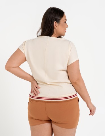 Bluzki i koszule - Bluzka damska bawełniana z krótkim rękawem i dekoltem V BEŻOWY - produkt 8