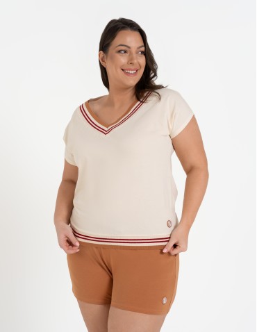 Bluzki i koszule - Bluzka damska bawełniana z krótkim rękawem i dekoltem V BEŻOWY - produkt 9