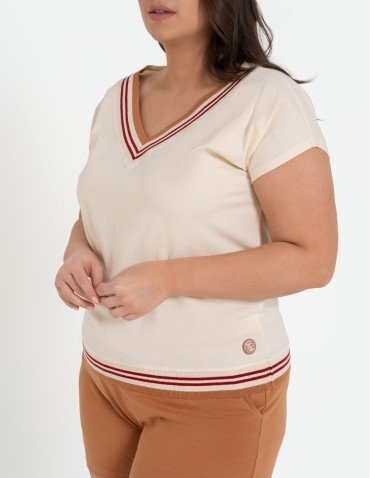 Bluzki i koszule - Bluzka damska bawełniana z krótkim rękawem i dekoltem V BEŻOWY - produkt 10