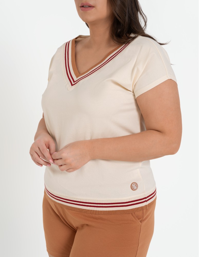 Bluzki i koszule - Bluzka damska bawełniana z krótkim rękawem i dekoltem V BEŻOWY  - produkt moraj.pl 10