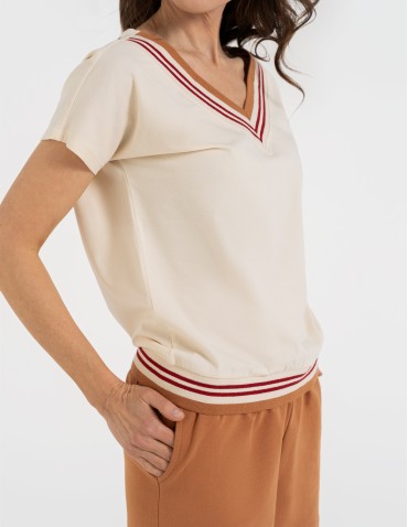 Bluzki i koszule - Bluzka damska bawełniana z krótkim rękawem i dekoltem V BEŻOWY - produkt 11