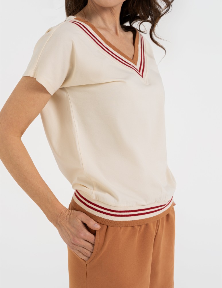 Bluzki i koszule - Bluzka damska bawełniana z krótkim rękawem i dekoltem V BEŻOWY  - produkt moraj.pl 11