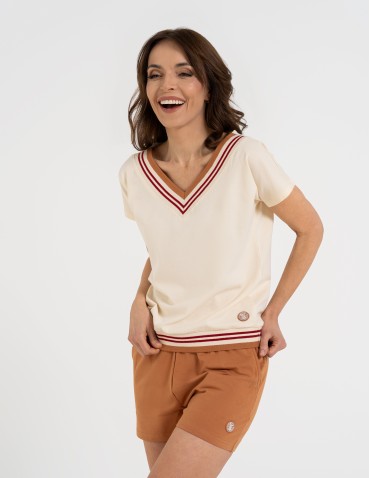 Bluzki i koszule - Bluzka damska bawełniana z krótkim rękawem i dekoltem V BEŻOWY - produkt 12