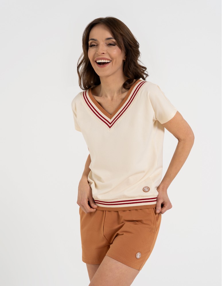 Bluzki i koszule - Bluzka damska bawełniana z krótkim rękawem i dekoltem V BEŻOWY  - produkt moraj.pl 12