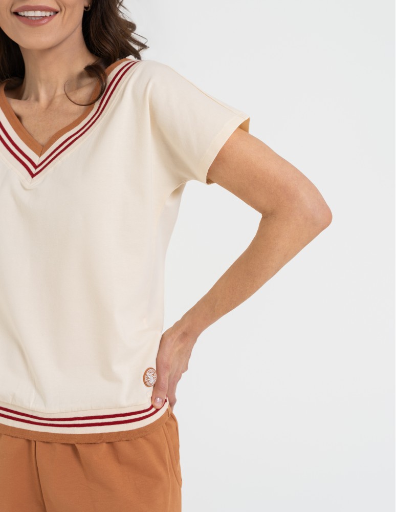 Bluzki i koszule - Bluzka damska bawełniana z krótkim rękawem i dekoltem V BEŻOWY  - produkt moraj.pl 13