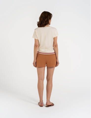 Bluzki i koszule - Bluzka damska bawełniana z krótkim rękawem i dekoltem V BEŻOWY - produkt 15