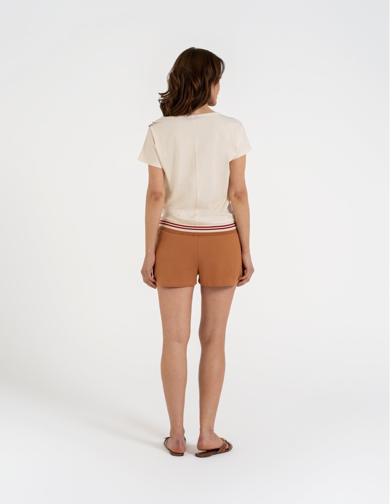 Bluzki i koszule - Bluzka damska bawełniana z krótkim rękawem i dekoltem V BEŻOWY  - produkt moraj.pl 15