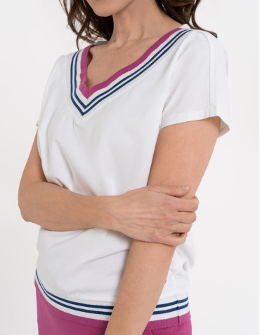 Bluzki i koszule - Bluzka damska bawełniana z krótkim rękawem i dekoltem V FUKSJA - produkt 12