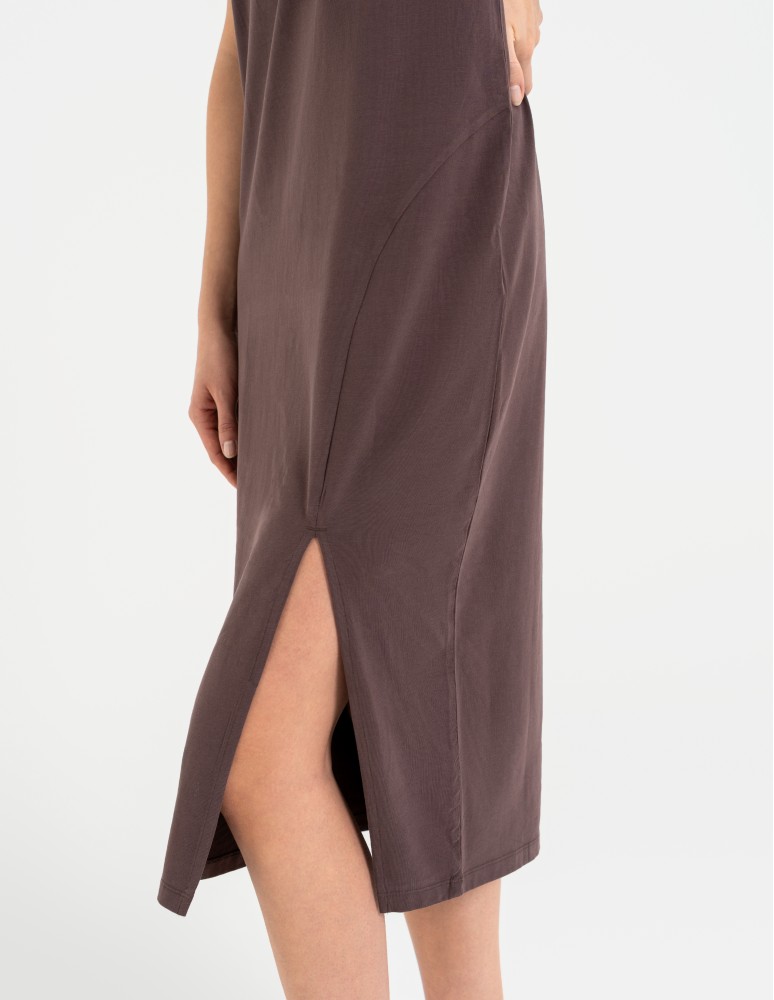 Sukienki midi - Sukienka damska bawełniana gładka z krótkim rękawem i rozcięciami po bokach BRĄZOWY  - produkt moraj.pl 9