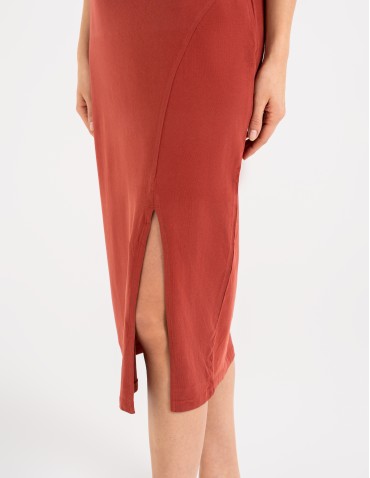 Sukienki midi - Sukienka damska bawełniana gładka z krótkim rękawem i rozcięciami po bokach POMARAŃCZOWY - produkt 8