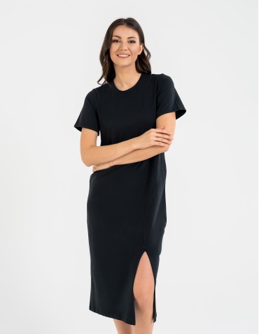 Sukienki midi - Sukienka damska bawełniana gładka z krótkim rękawem i rozcięciami po bokach CZARNY - produkt 3