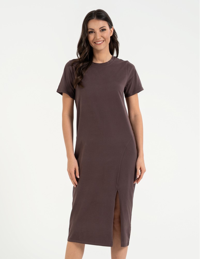 Sukienki midi - Sukienka damska bawełniana gładka z krótkim rękawem i rozcięciami po bokach BRĄZOWY  - produkt moraj.pl 10
