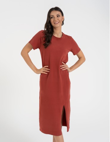 Sukienka damska bawełniana gładka z krótkim rękawem i rozcięciami po bokach - POMARAŃCZOWY