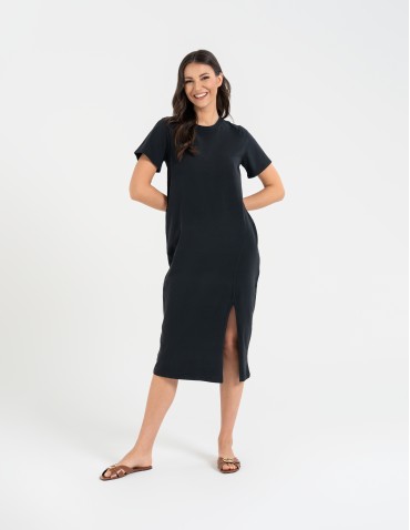 Sukienka damska bawełniana gładka z krótkim rękawem i rozcięciami po bokach - CZARNY
