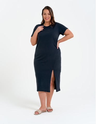 Sukienki midi - Sukienka damska bawełniana gładka z krótkim rękawem i rozcięciami po bokach CZARNY - produkt 8