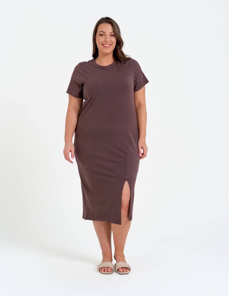 Sukienki midi - Sukienka damska bawełniana gładka z krótkim rękawem i rozcięciami po bokach BRĄZOWY  - produkt moraj.pl 12