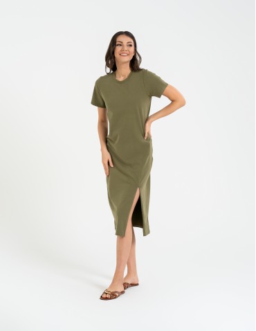 Sukienki midi - Sukienka damska bawełniana gładka z krótkim rękawem i rozcięciami po bokach ZIELONY - produkt 5