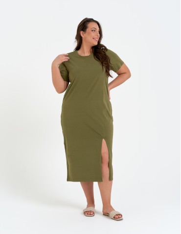 Sukienki midi - Sukienka damska bawełniana gładka z krótkim rękawem i rozcięciami po bokach ZIELONY - produkt 8