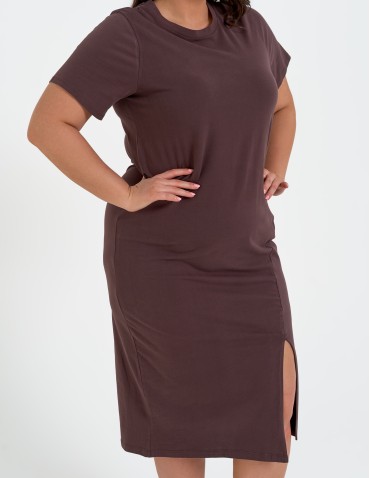 Sukienki midi - Sukienka damska bawełniana gładka z krótkim rękawem i rozcięciami po bokach BRĄZOWY - produkt 15