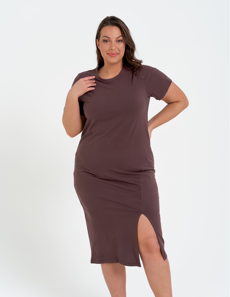 Sukienki midi - Sukienka damska bawełniana gładka z krótkim rękawem i rozcięciami po bokach BRĄZOWY  - produkt moraj.pl 14