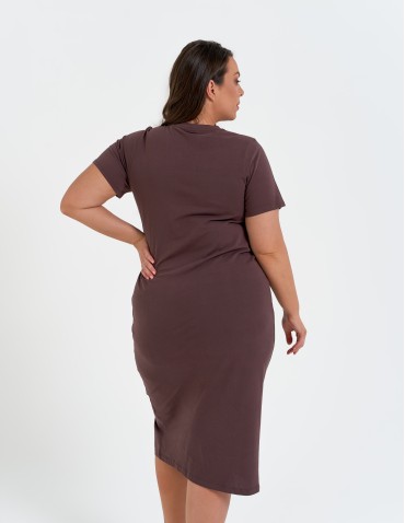 Sukienki midi - Sukienka damska bawełniana gładka z krótkim rękawem i rozcięciami po bokach BRĄZOWY - produkt 17