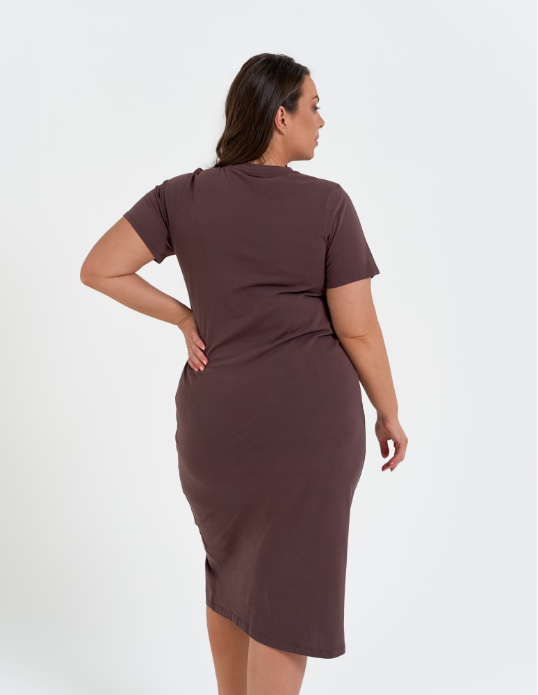 Sukienki midi - Sukienka damska bawełniana gładka z krótkim rękawem i rozcięciami po bokach BRĄZOWY  - produkt moraj.pl 17