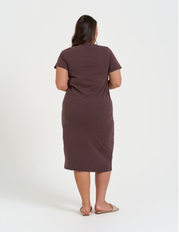 Sukienki midi - Sukienka damska bawełniana gładka z krótkim rękawem i rozcięciami po bokach BRĄZOWY - produkt 16