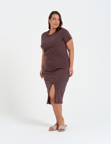 Sukienki midi - Sukienka damska bawełniana gładka z krótkim rękawem i rozcięciami po bokach BRĄZOWY - produkt 13