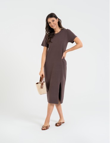 Sukienki midi - Sukienka damska bawełniana gładka z krótkim rękawem i rozcięciami po bokach BRĄZOWY - produkt 7